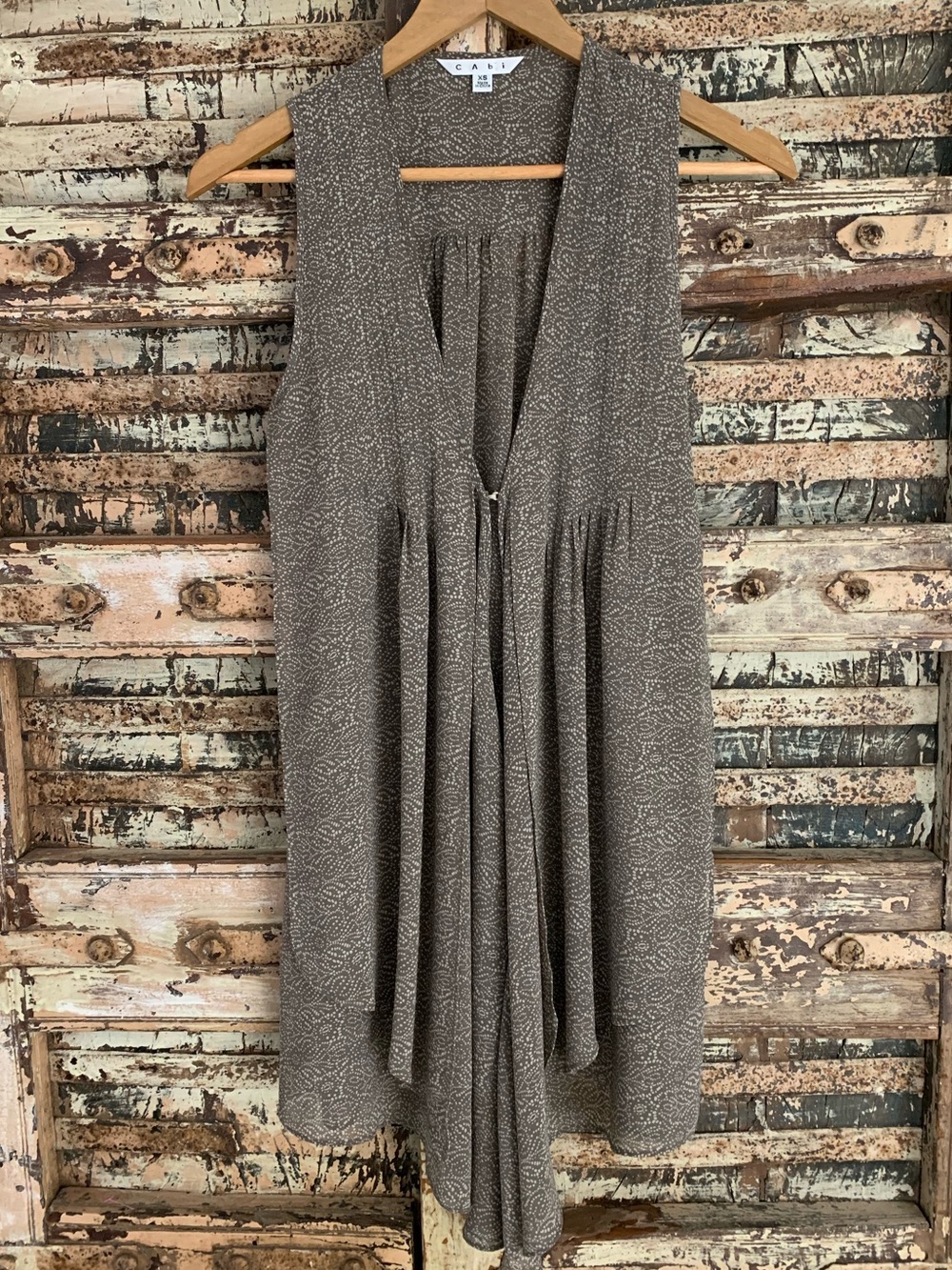 CAbi Brown Taupe Abstract Dot Sleeveless Drape Vest Top, Semi-Sheer Chiffon, XS